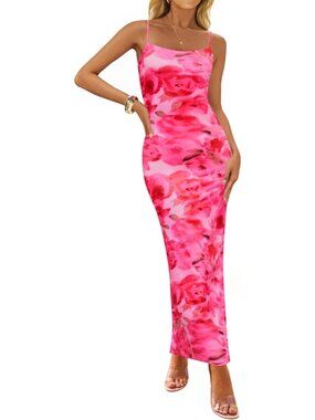 Women’s Rose Floral Bodycon Maxi Square Neck Boho Beach Summer Long Dress